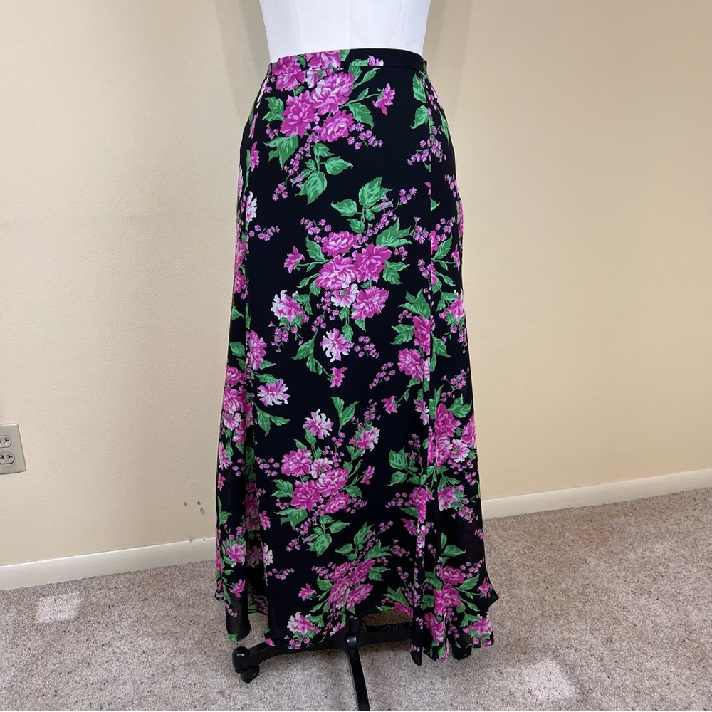 VINTAGE JONES NEW YORK black pink green floral print silk maxi skirt